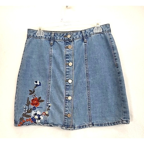 Grace Dresses & Skirts - Denim Mini Skirt Embroidered Floral Spring Break Cottagecore Sz L Anna Grace